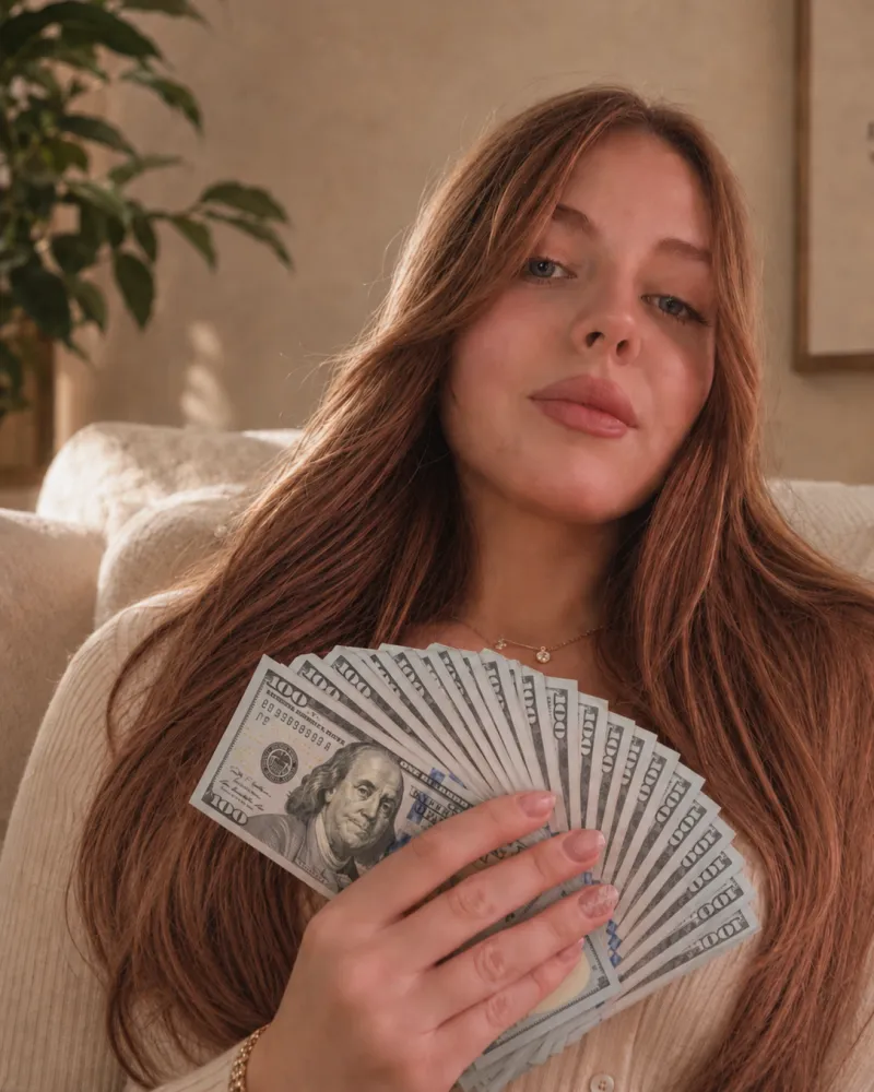 Woman holding up a fan of hundred dollar bills