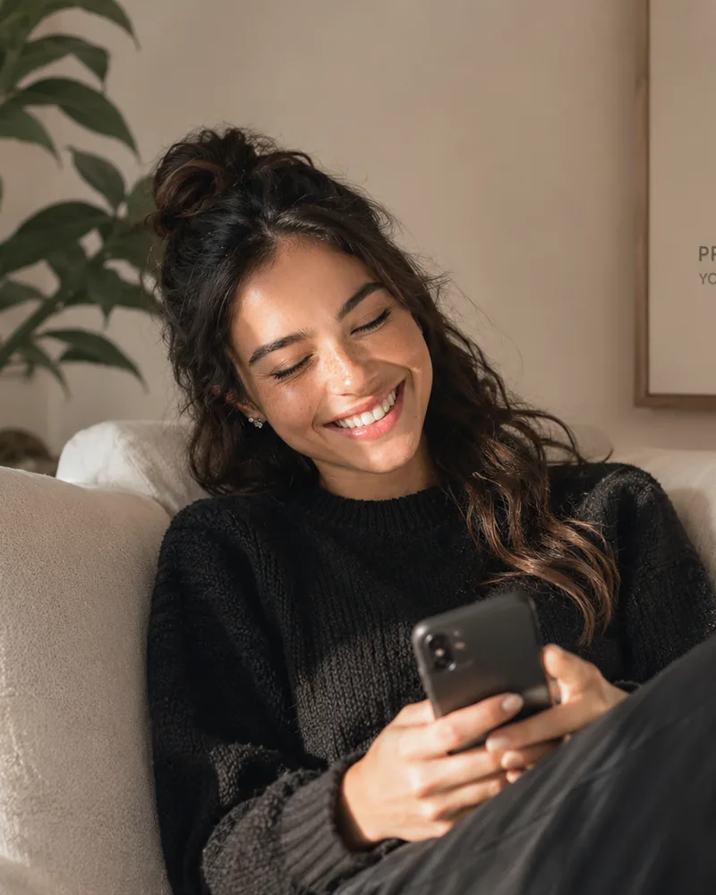 Woman relaxing on a sofa, smiling at her phone